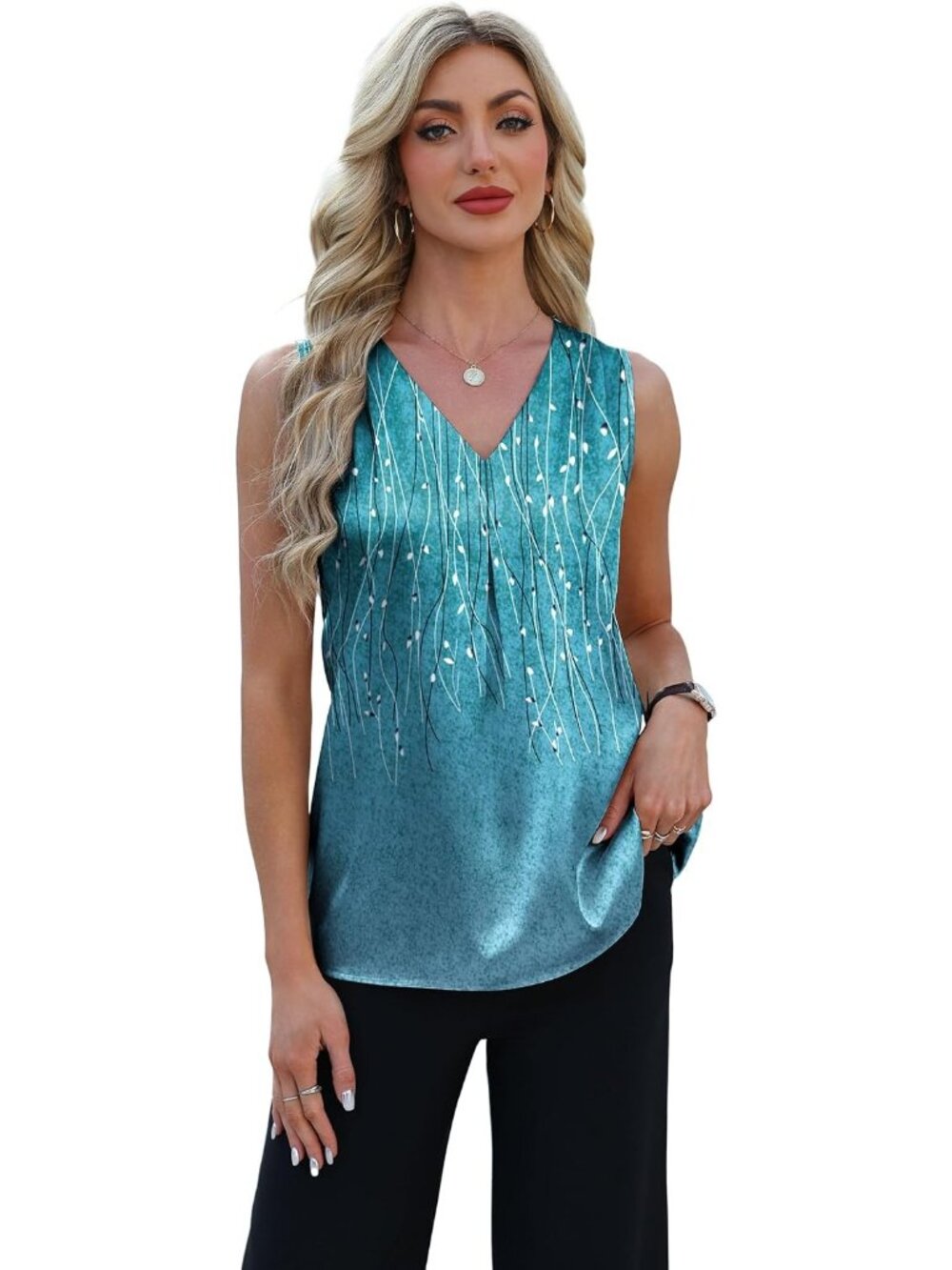 Women's Blue Print Sleeveless V Neck Silk Satin Blouses Pull On Casual Tank Tops - Picture 3 of 5